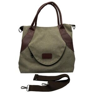 Army Green Canvas Tote Bag Brown Faux Leather‎ Handle Accents Adjustable Strap